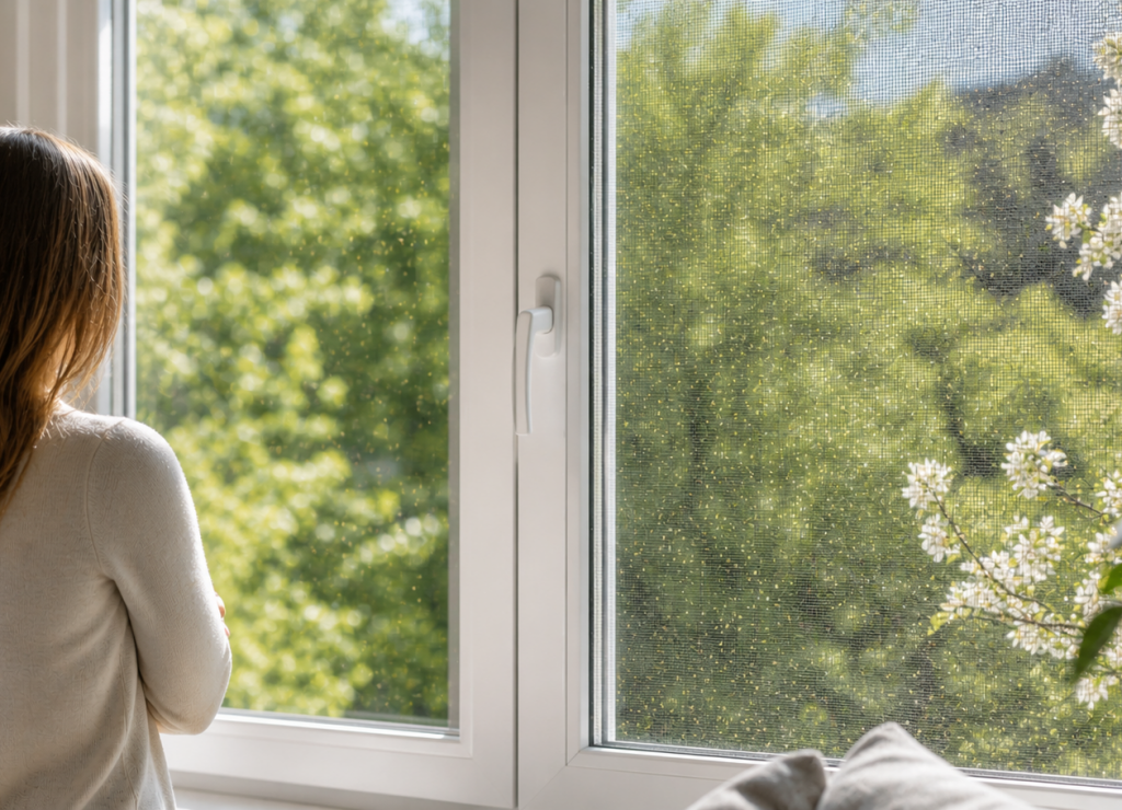 Fliegengitter am Fenster schützt vor Pollenflug in Köln