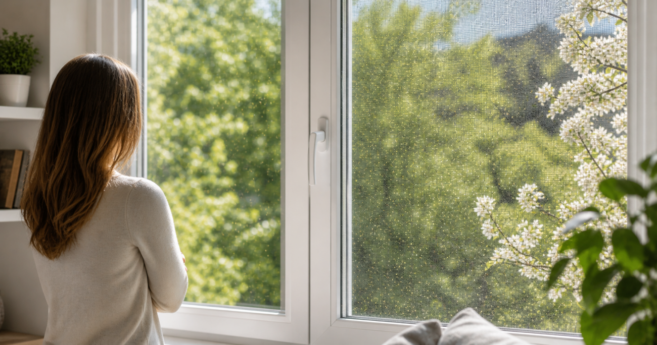 Fliegengitter am Fenster schützt vor Pollenflug in Köln